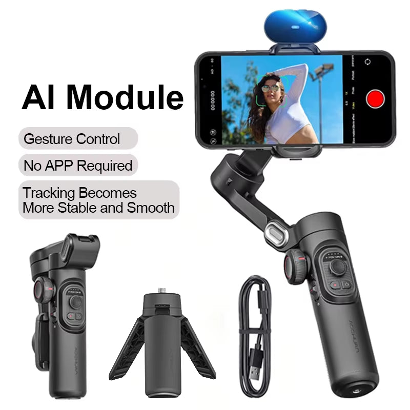 AOCHUAN 3-Axis Handheld Gimbal Stabilizer for Smartphones with Integrated Fill Light and Face Tracking for TikTok and Vlogging
