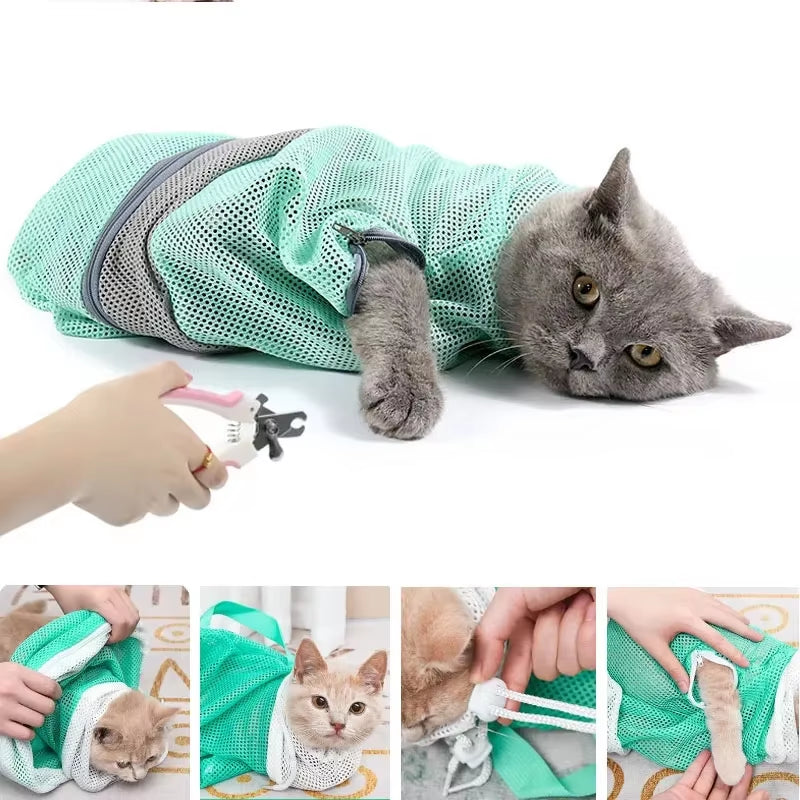 Adjustable Mesh Cat Grooming and Bathing Bag for Nail Trimming and Restraint