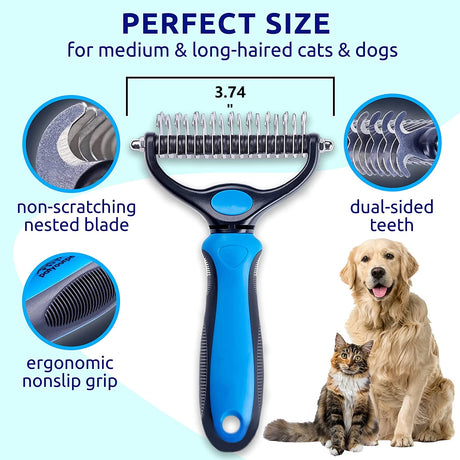 Professional Pet Deshedding Brush - Dual-Sided Undercoat Rake for Dogs and Cats - Shedding Comb and Dematting Tool with Extra-Wide Design