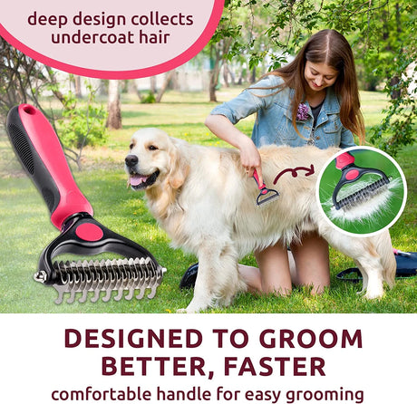 Professional Pet Deshedding Brush - Dual-Sided Undercoat Rake for Dogs and Cats - Shedding Comb and Dematting Tool with Extra-Wide Design
